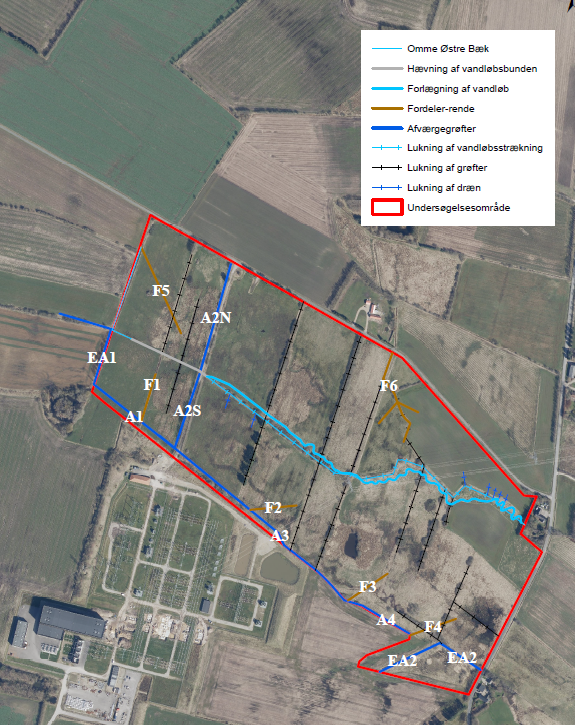 Kortoversigt over projektområdet ”Lavbund Endrup 2021” og de planlagte tiltag.
